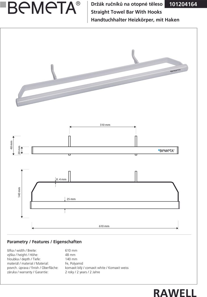 Bemeta Design RAWELL: Držiak uterákov na vykurovacie teleso, 310 mm, biely - 101204164