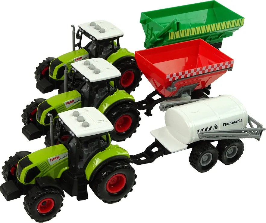 LEAN Toys Sada troch traktorov s prívesmi a postrekovačom, farma