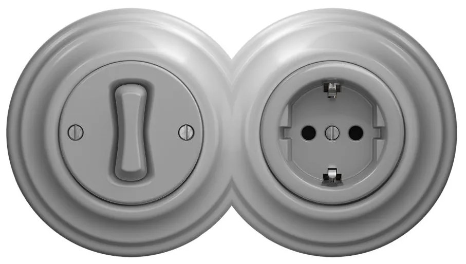 Kliklap - Retro jednopólový vypínač č. 1 a zásuvka SCHUKO 230 V so sivým rámčekom
