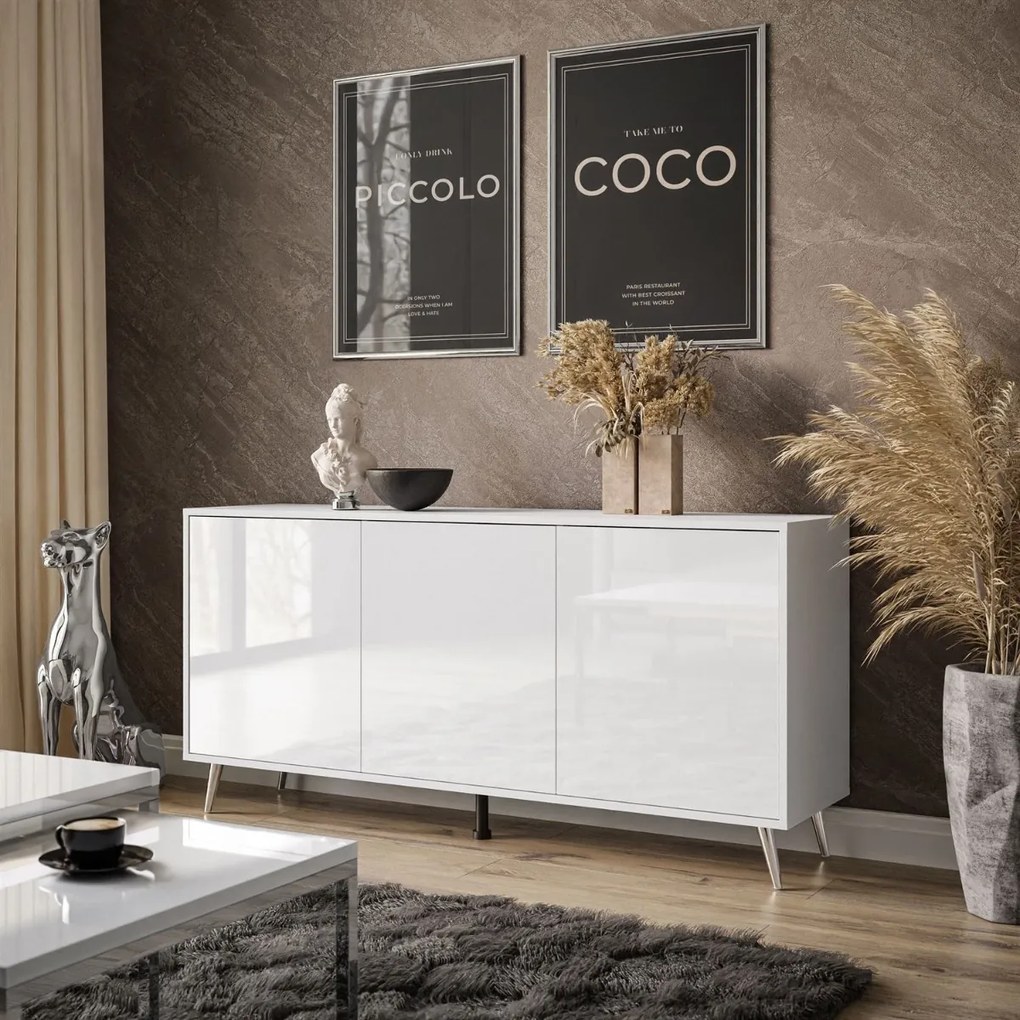 KOMODA ALWIN BIELA VYSOKÝ LESK 153cm STRIEBORNÉ NOŽIČKY