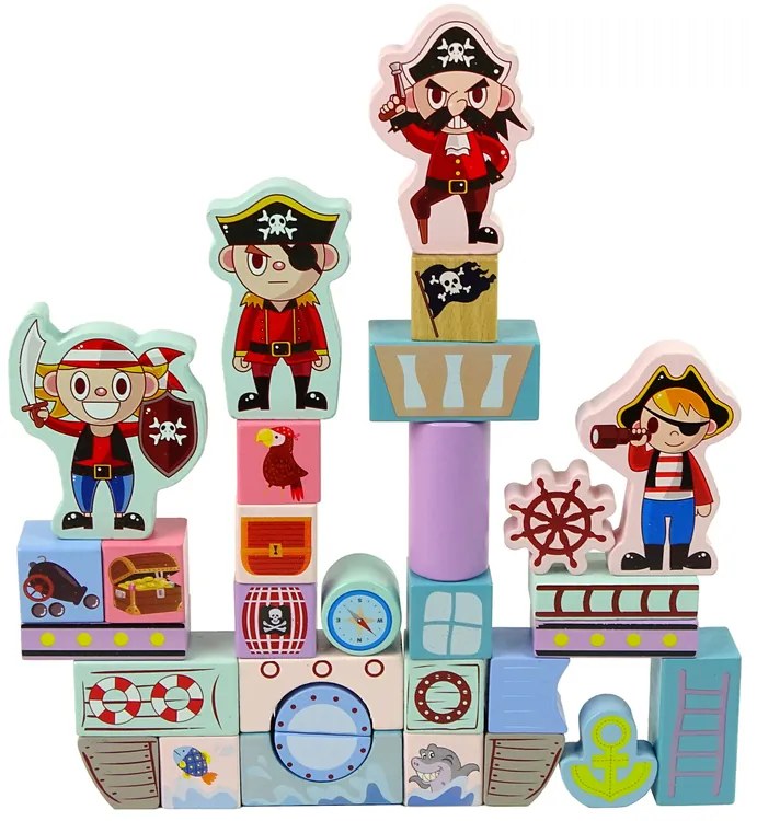 Lean Toys Drevené kocky v kýbliku – Piráti 46 prvkov