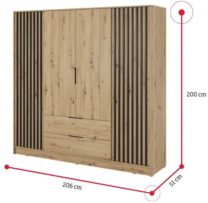 Šatníková skriňa so zrkadlom BELANDA 2D, 105x200x51, dub artisan/čierna