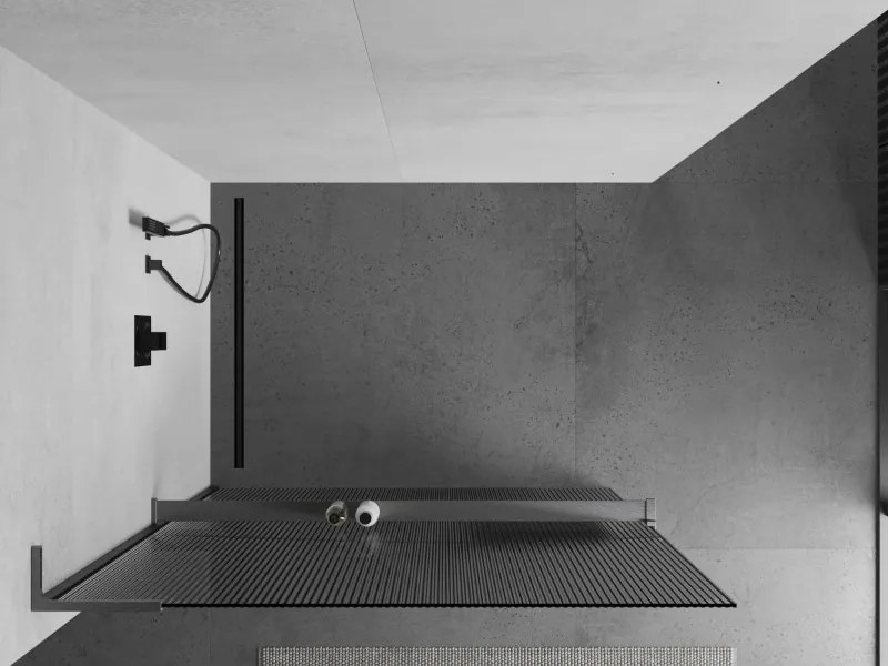 Mexen Kioto+ L, sprchová zástena Walk-In s poličkou a vešiakom 90 x 200 cm, 8mm sklo s rebrovým vzorom, grafitový profil, 800-090-123-66-09