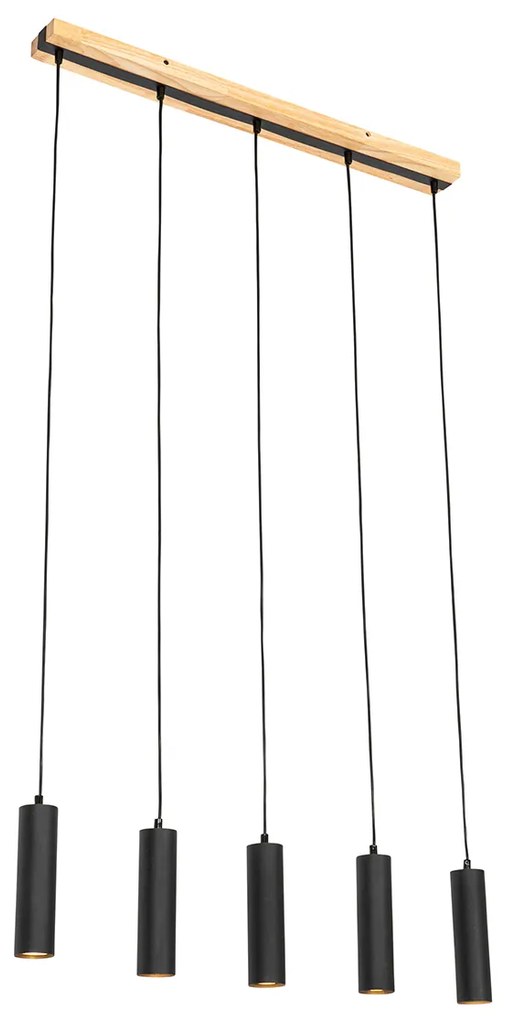 Moderné závesné svietidlo čierne s drevenými prvkami 5-žiarovkové - Jeana