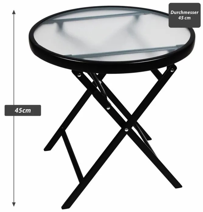 Divero okrúhly skladací odkladací stolík so sklenenou doskou, oceľný rám, Ø 45 cm, čierny