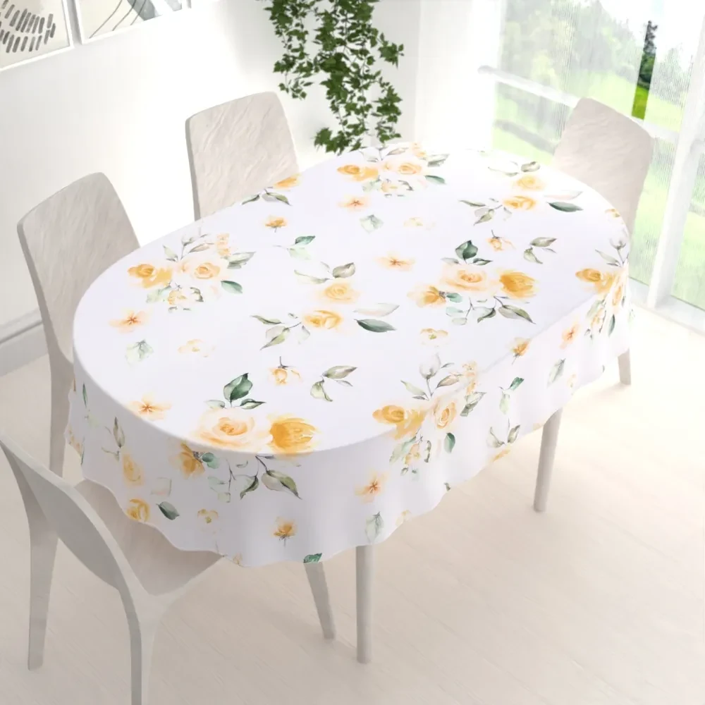 Biante Teflónový oválny obrus TF-043 Žlté ruže na bielom 140x160 cm