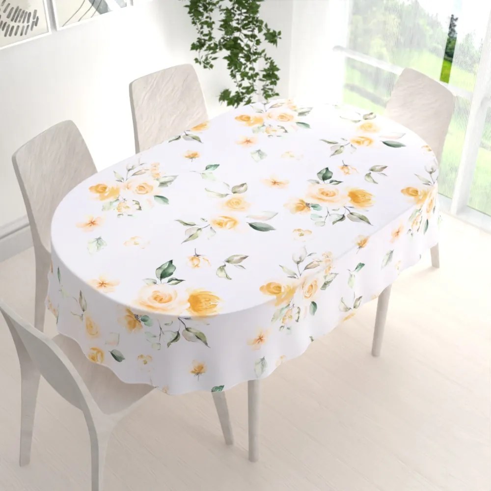 Biante Teflónový oválny obrus TF-043 Žlté ruže na bielom 60x100 cm