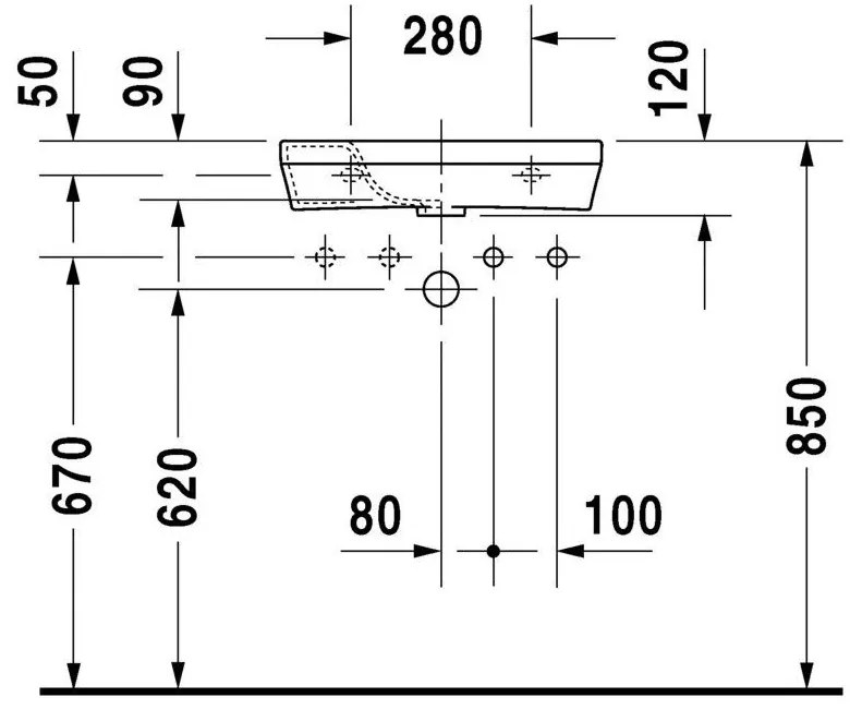 DURAVIT DuraStyle závesné umývadielko s otvorom vľavo, s prepadom, 500 mm x 220 mm, s povrchom WonderGliss, 07135000091