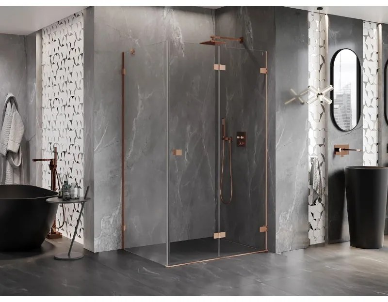 Mexen Lunar-F, 1-krídlový sprchový kút so skladacími dverami, pravý, 95 x 90 cm, 8mm číre sklo, medený profil, 836-095-090-65-00-P