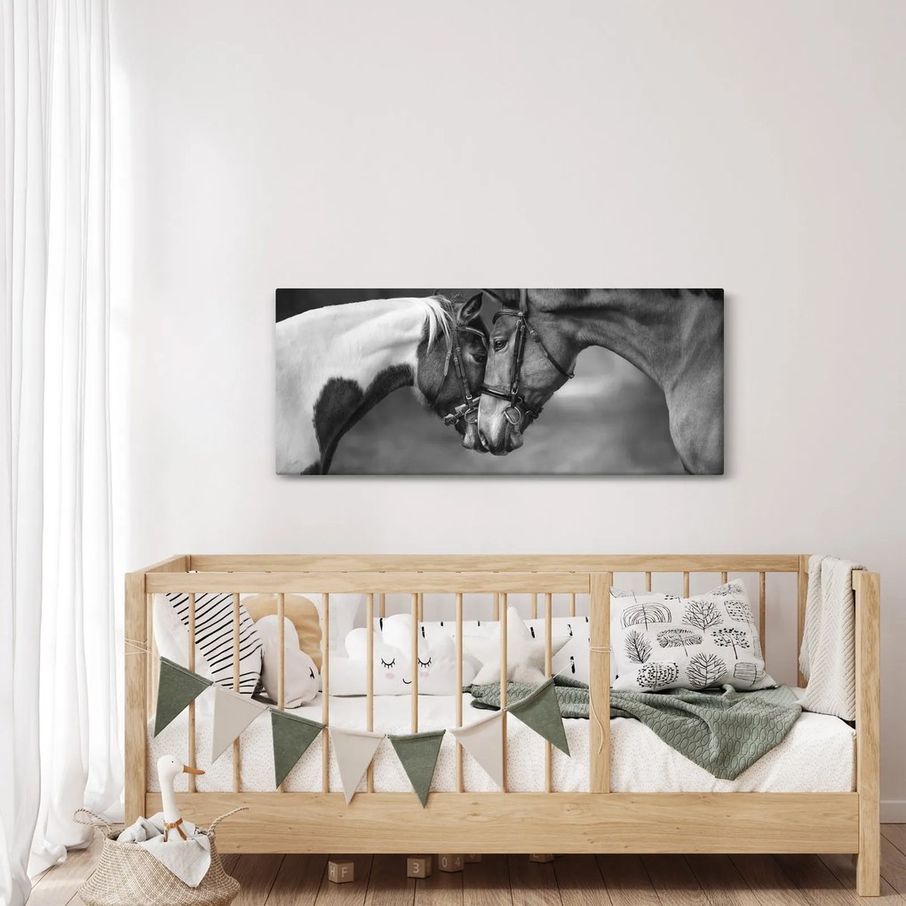 Obraz - Zamilované kone, čiernobiela (120x50 cm)
