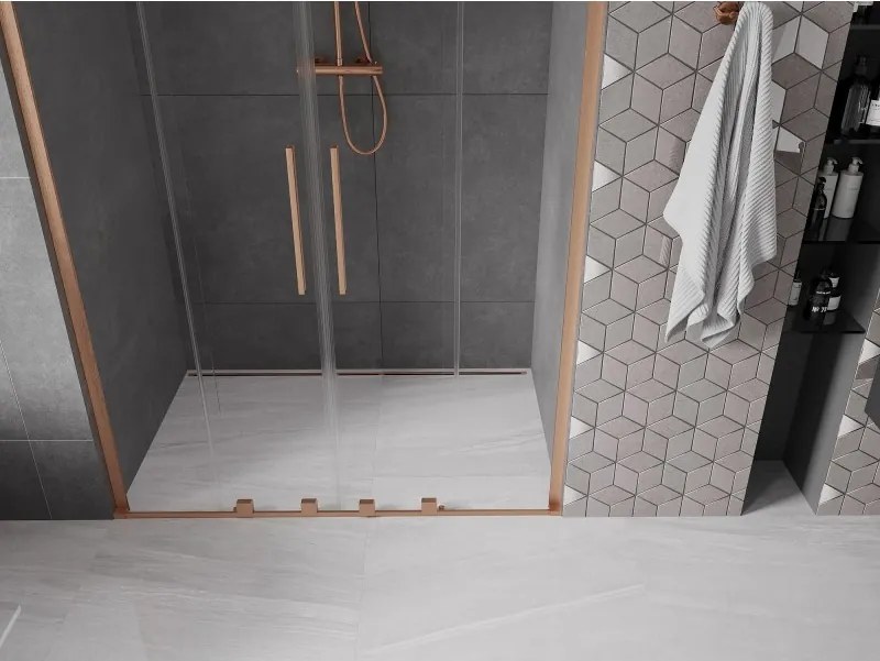 Mexen Velar L Duo, posuvné sprchové dvere do otvoru 140 cm, 8mm číre sklo, medená matná, 871-140-003-02-65