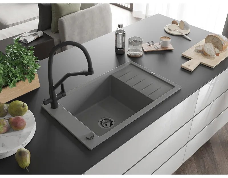 Mexen Elias, 1-komorový granitový drez 795x480x200 mm a drezová batéria Duo, šedá, 6511-71-671701-70-B