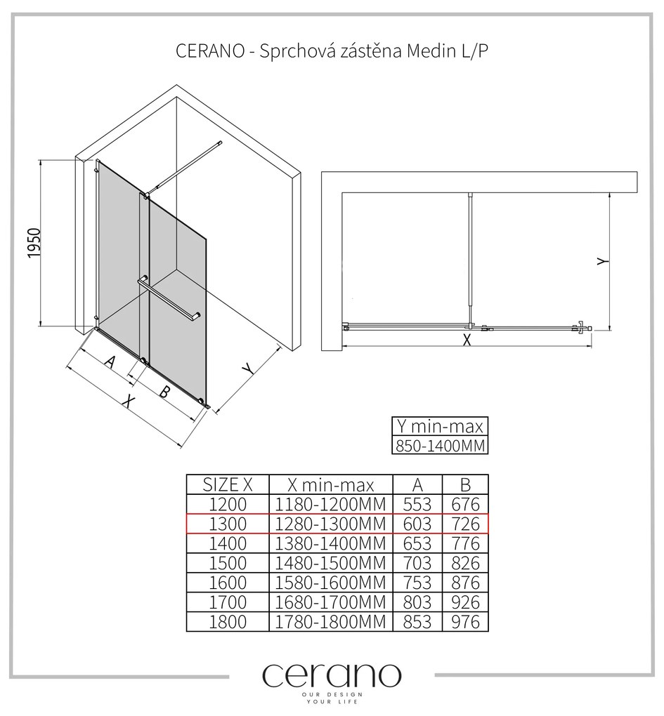 CERANO - Sprchová zástena Medin L/P - čierna matná, grafitové sklo - 130x195 cm - dvojdielna posuvná, CER-CER-478045