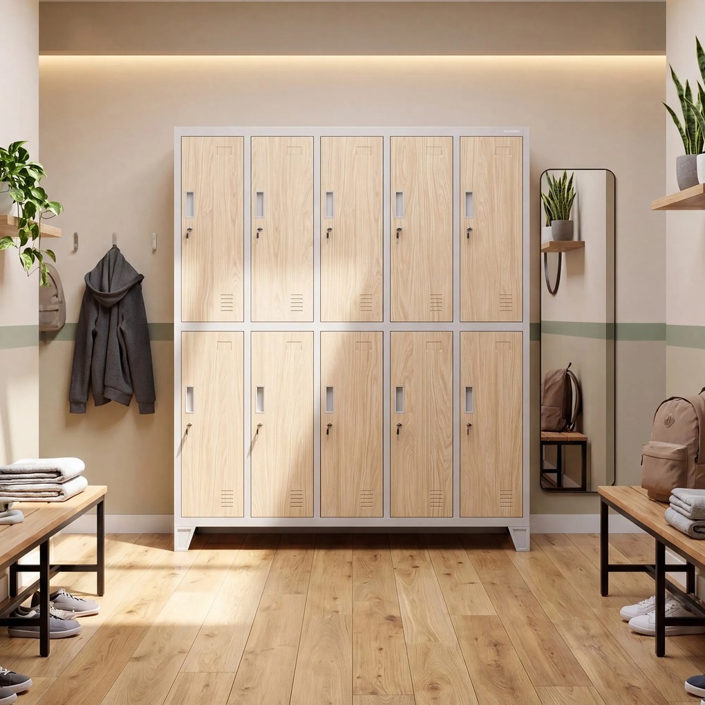 Šatňová skriňa BOZP 10-dverová šedá / dub sonoma: Eco Design BARTEK 1360 x 1720 x 450 mm