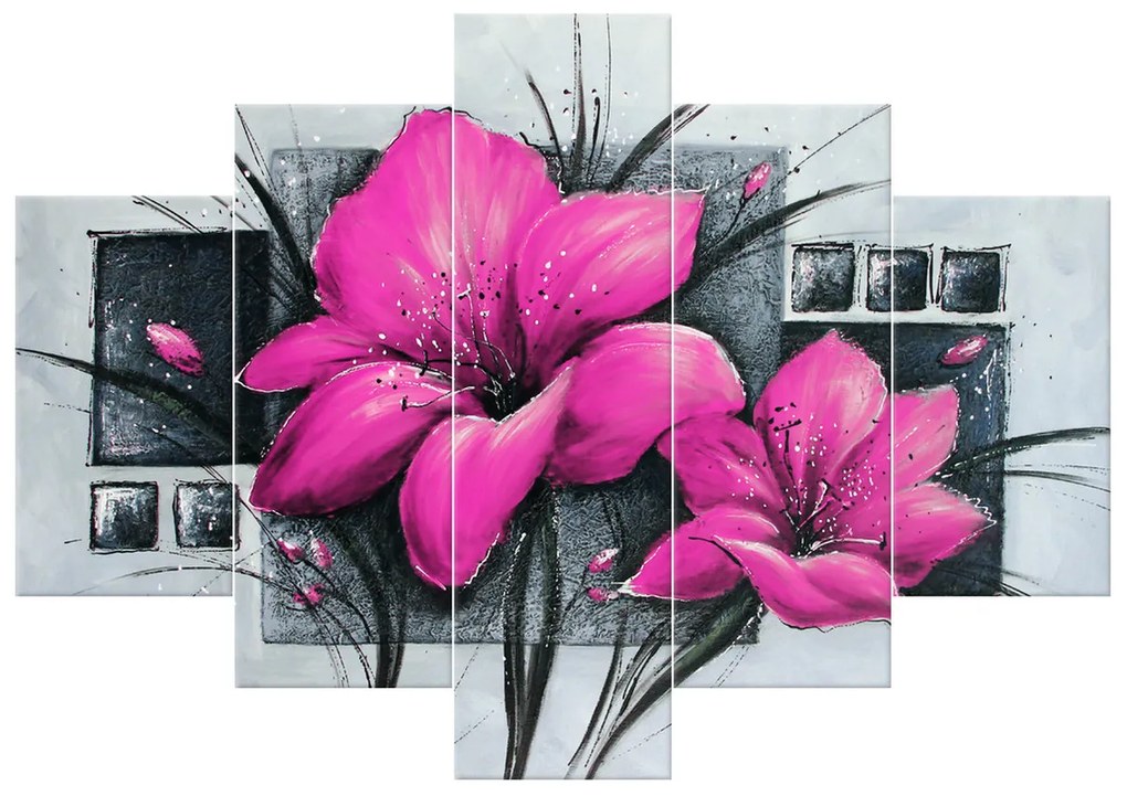 Gario Ručne maľovaný obraz Nádherné ružové Vlčie maky - 5 dielny Rozmery: 150 x 70 cm
