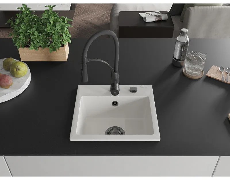 Mexen Milo, 1-komorový granitový drez 435x410x171 mm a drezová batéria Aster, biela, 6505-20-73450-70-B