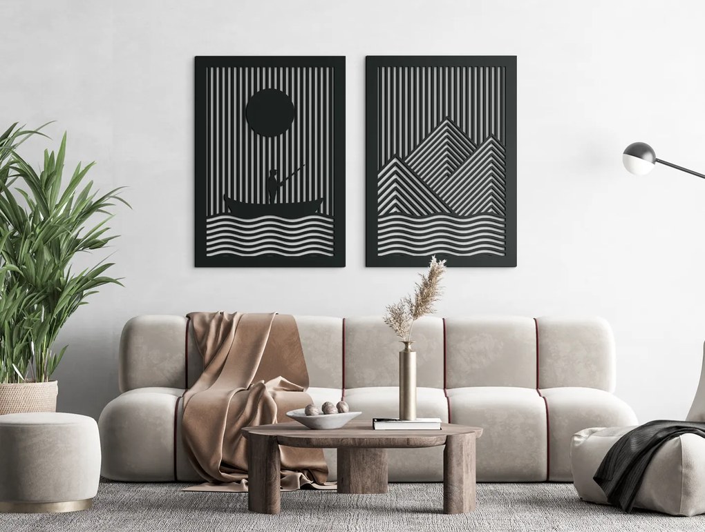 drevko Moderný obraz Rybolov pod horami Rozmer obrazu: 44 x 65 cm, Farba dekorácie: Čierna