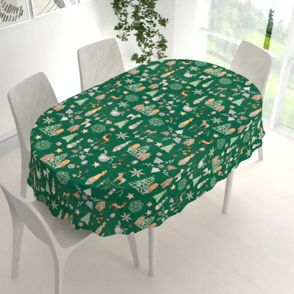 Biante Vianočný bavlnený oválny obrus Sandra SA-508 Vianoční škriatkovia a ozdoby na zelenom 120x140 cm