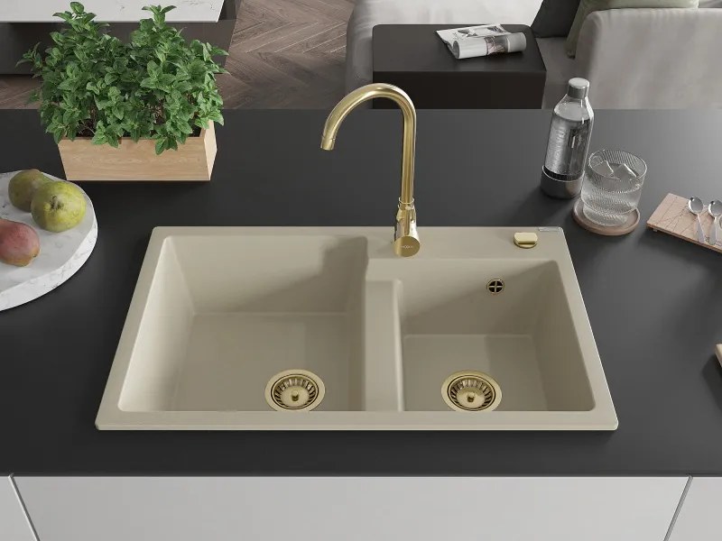 Mexen Tomas, granitový drez 800x500x190 mm, 2-komorový, béžová so zlatým sifónom, 6516802000-69-G