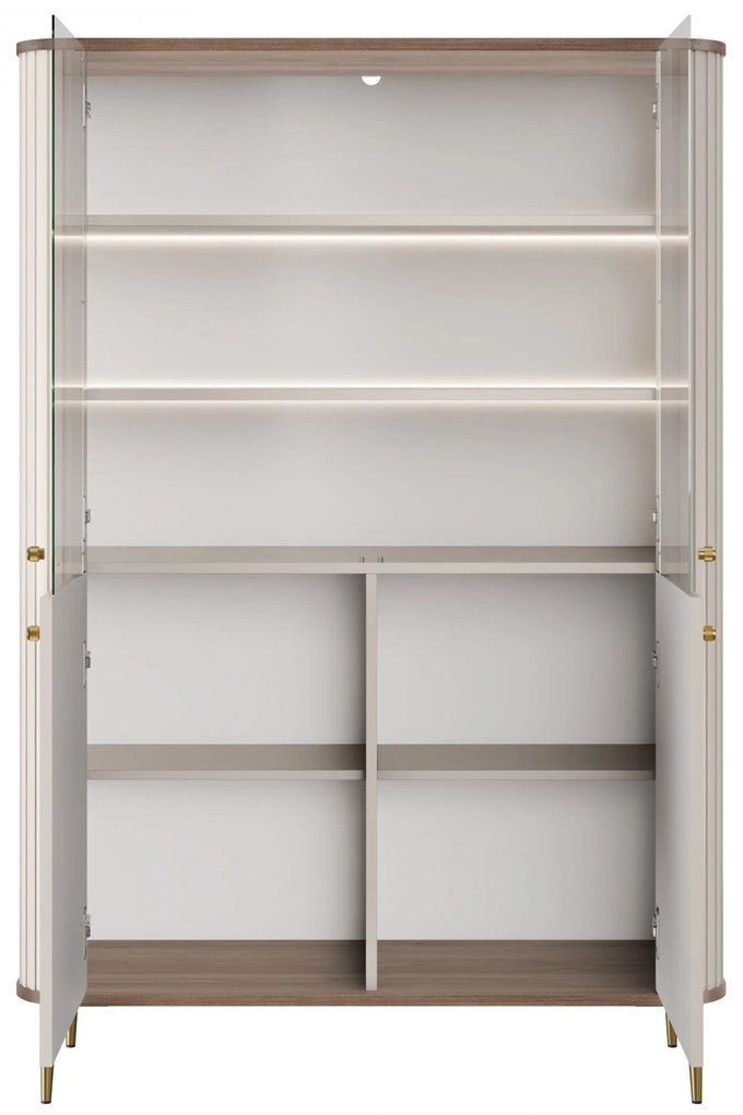 Vitrína Vesper 103 cm štvordverová - kašmír / orech / zlaté nohy