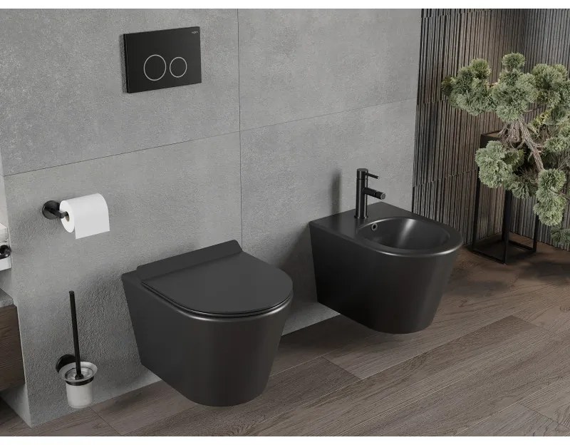 Mexen Rico závesné wc Rimless s toaletným sedátkom Slim z duroplastu, čierna matná - 30720185