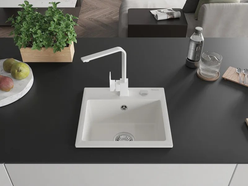 Mexen Milo, 1-komorový granitový drez 435x410x171 mm a biela batéria Rita, biela, 6505-20-670300-20