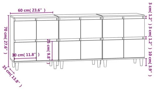 vidaXL Komody 3 ks lesklé biele 60x35x70 cm kompozitné drevo-
