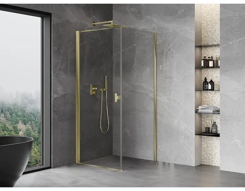Mexen Mist-B, 1-krídlový výklopný sprchový kút 70 x 70 cm, číre sklo, zlatý lesklý profil, 8A2T-070-070-50-00