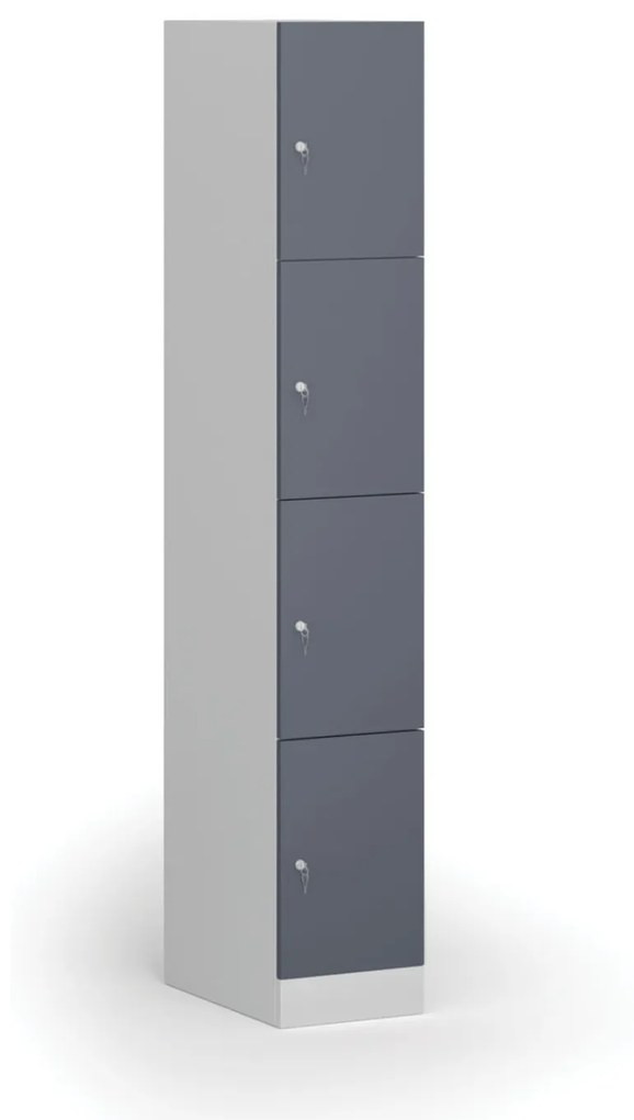 Šatníková skrinka s úložnými boxmi, 4 boxy, 1850 x 300 x 500 mm, cylindrický zámok, tmavosivé dvere