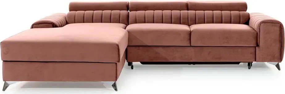 Ružová zamatová rozkladacia/s úložným priestorom rohová pohovka (ľavý roh/s leňoškou) Grayson – ELTAP