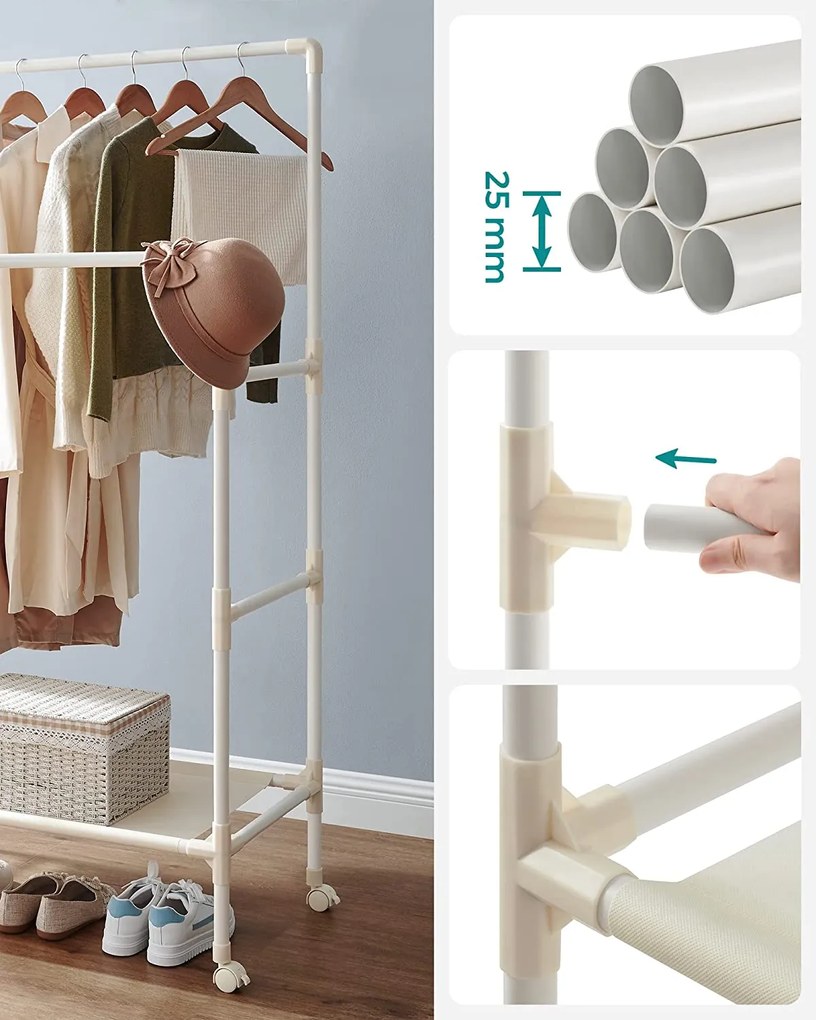 Stojan na šaty s kolieskami, 2 závesné tyče, 1 polica, 162x83x45cm, biely