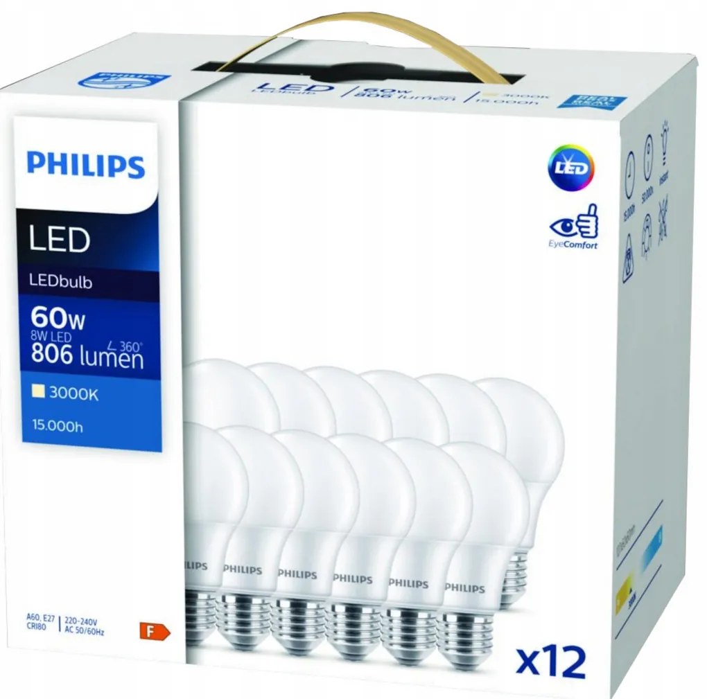 12x LED žiarovka Philips E27 - 8W - 806lm - 3000K