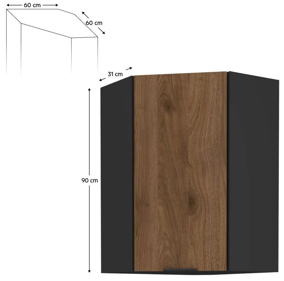 Horná rohová kuchynská skrinka Monzesa 60x60 GN 90 1F (orech okapi + čierna) . Vlastná spoľahlivá doprava až k Vám domov. 1096954