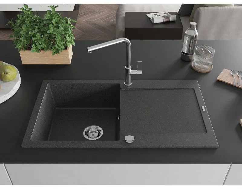 Mexen Leo, 1-komorový granitový drez 900x500x190 mm a drezová batéria Flora, čierna škvrnitá, 6501-76-670401-00