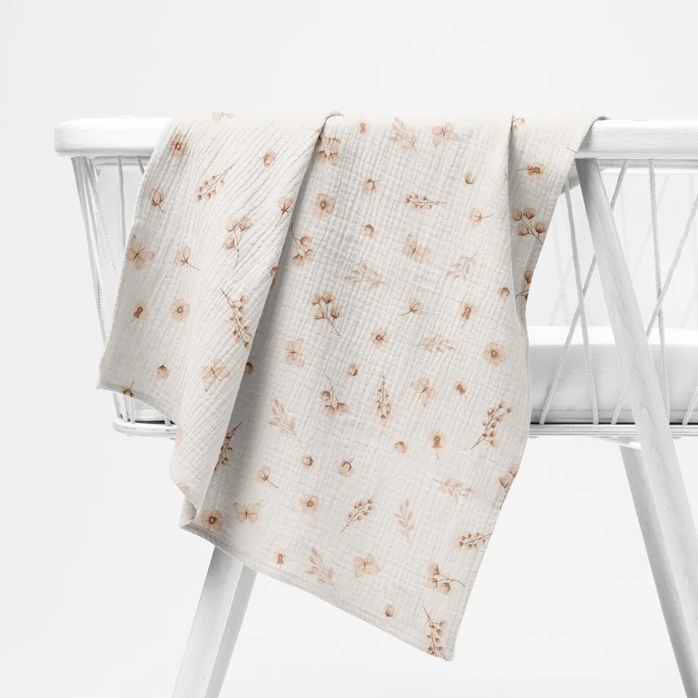 Biante Mušelínová plienka/dečka Nature MSN-085 Vetvičky s motýlikmi na krémovo bielom - ZVÝHODNENÁ SADA 3 KS 100x100 cm - Sada 3 ks