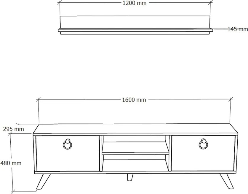 TV stolík ZEN 160 cm s nástennou poličkou, dekor orech/čierny mramor