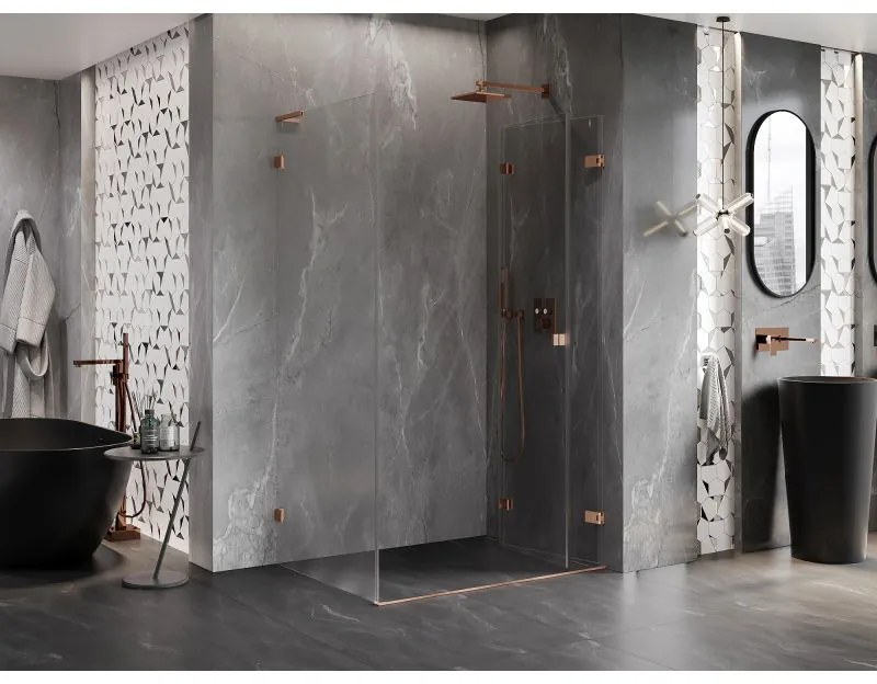 Mexen Lunar-F L, 1-krídlový sprchový kút so skladacími dverami, pravý, 95 x 90 cm, 8mm číre sklo, medený profil, 836L-095-090-65-00-P