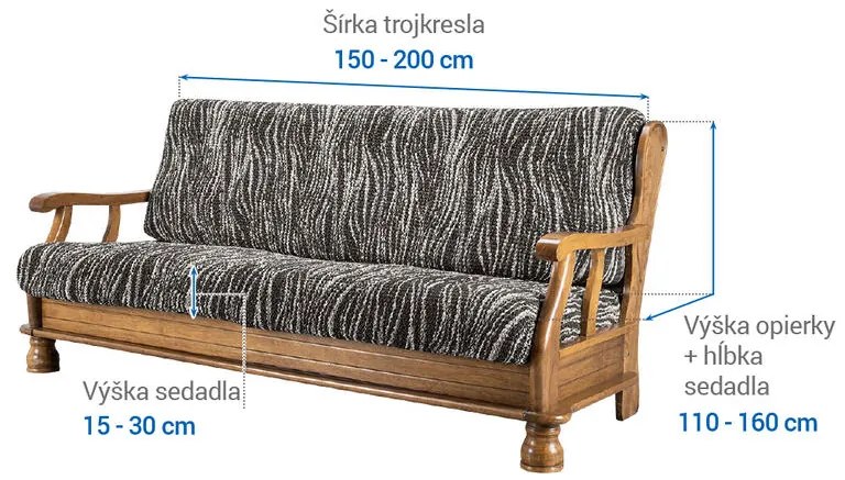 Bielastické poťahy UNIVERSO NOVÉ žíhané čiernobiele trojkreslo s drevenými rúčkami (š. 150 - 200 cm)