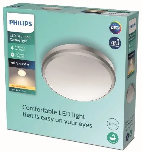 Philips Doris LED CL257 Stropné svietidlo do kúpeľne kruhové 6W/600lm 220mm 2700K IP44 nikel