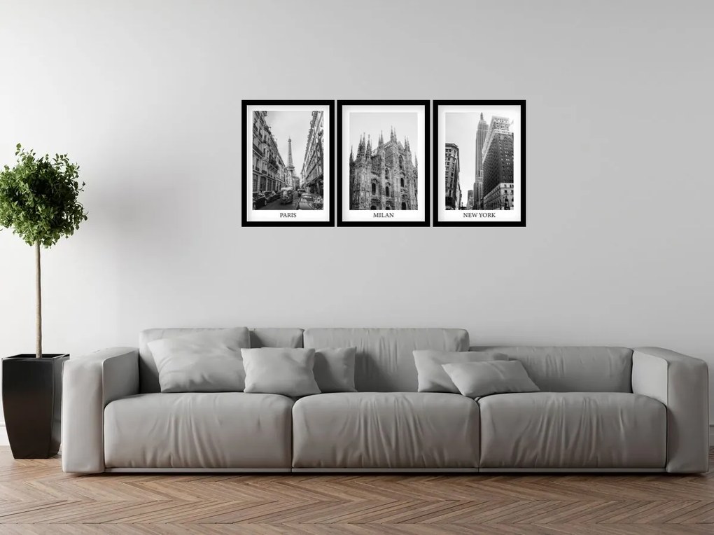 Gario Sada plagátov Paris, Milan, New York - 3 dielna Farba rámu: Rustikálna, Veľkosť: 135 x 63 cm