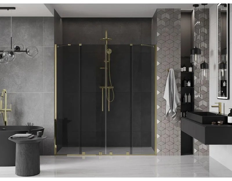 Mexen Velar Duo, posuvné sprchové dvere do otvoru 180 cm, 8mm šedé sklo, zlatá lesklá, 871-180-000-42-50