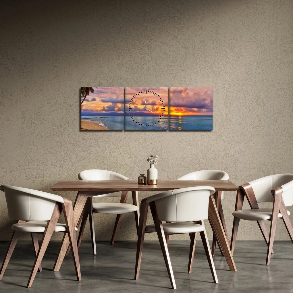 Obraz - Západ slnka na pláži (s hodinami) (90x30 cm)