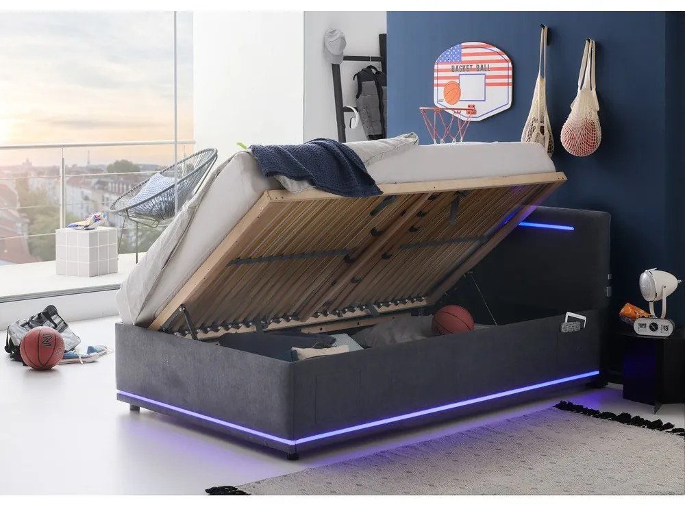 Tmavosivá čalúnená detská posteľ s úložným priestorom s roštom 140x200 cm Circle – Meise Möbel