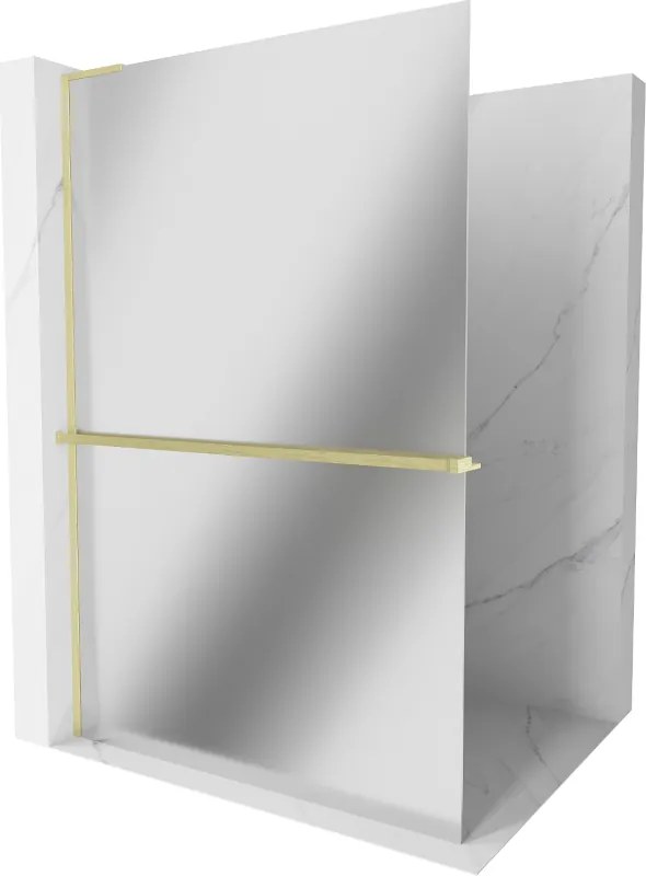 Mexen Kioto+ L, sprchová zástena Walk-In s poličkou a vešiakom 110 x 200 cm, 8mm sklo vzor zrkadlo, zlatý matný profil, 800-110-123-55-50