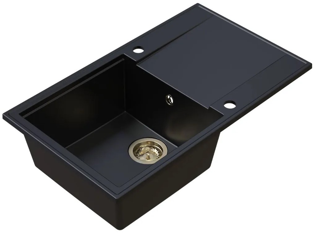 Sink Quality Sink55, kuchynský granitový drez 780x460x215 mm + zlatý sifón, čierna, SKQ-SINK.C.1KDOL.XG