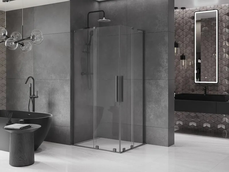 Mexen Velar L Duo, sprchový kút s posuvnými dverami 100 x 90 cm, 8mm číre sklo, brúsený grafit, 871-100-090-02-03-95