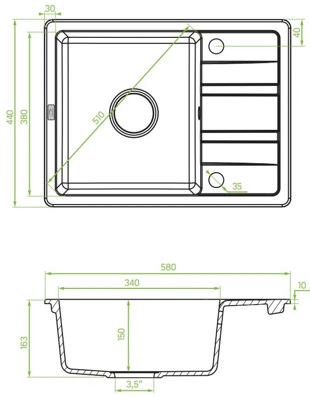 Laveo Stella, 1-komorový granitový drez 580x440x163 mm s krátkym odkvapávačom, béžová, LAV-SBY_413T