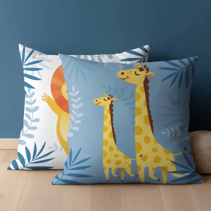 Detská bavlnená obliečka na vankúš so žirafou a levom - obojstranná Šírka: 40 cm | Dĺžka: 40 cm