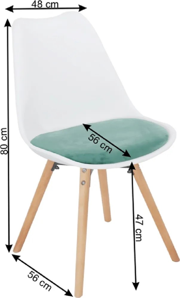 Stolička, mentolová zamatová látka/biely plast/buk, SEMER NEW