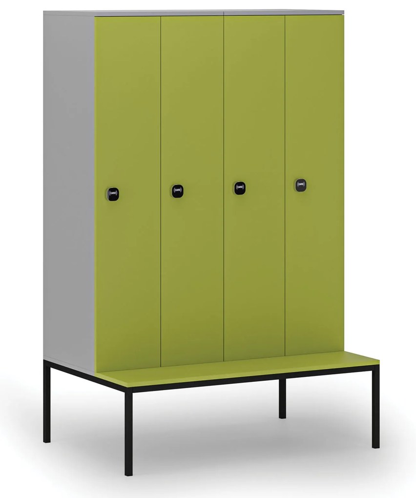 Drevená šatníková skrinka s lavičkou, 4 oddiely, 1871 x 1200 x 500/800 mm, demont, RFID zámok, sivá/zelená